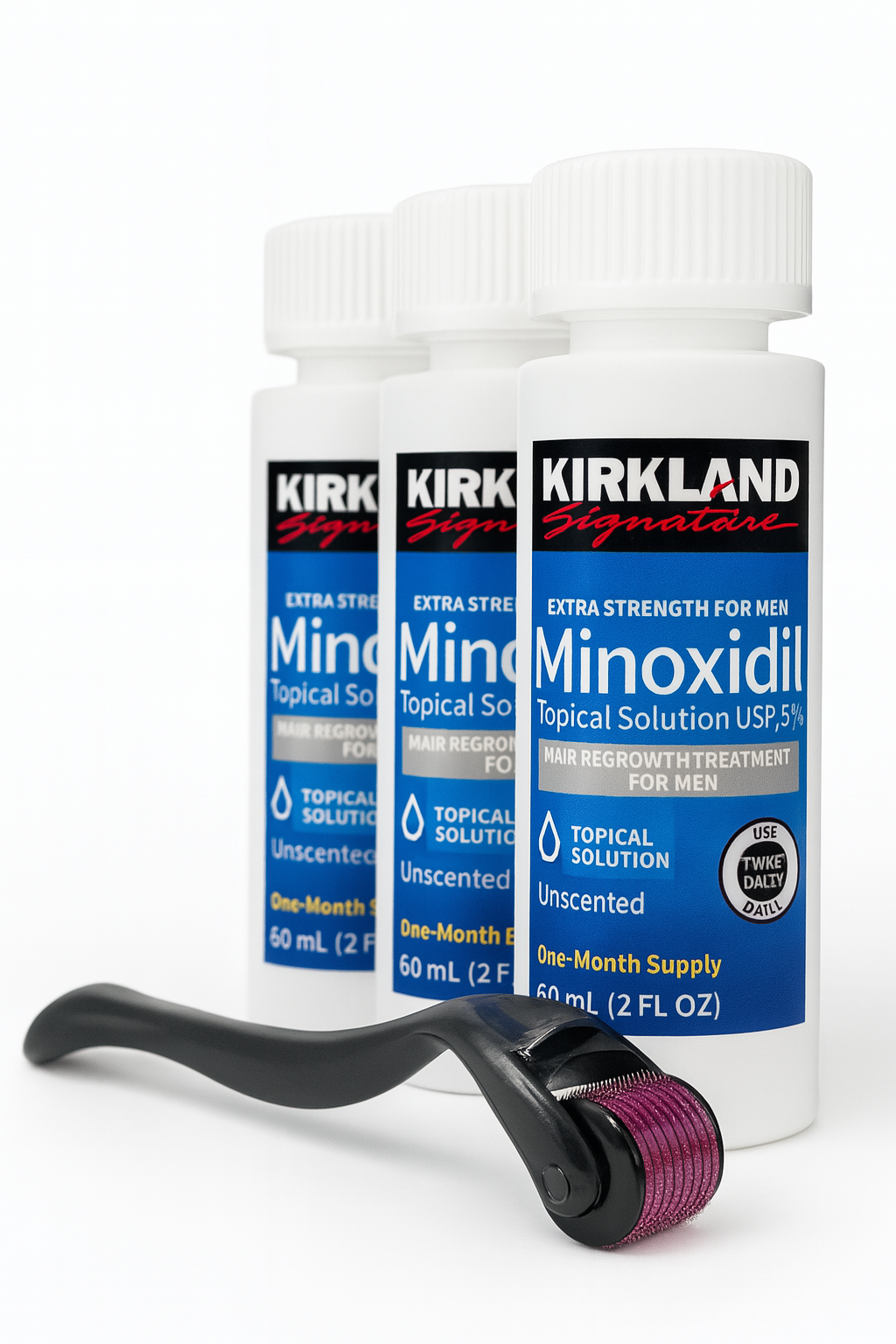 Minoxidil Topical Solution USP 5% Kirkland X3 Frascos (180 ml) + Derma Roller 0.5mm "ENVIO GRATIS"