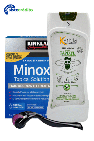 Minoxidil Kirkland 5% caja X6 Frascos + Shampoo Karicia Capixyl 400 ml + Dermaroller 0.5 mm