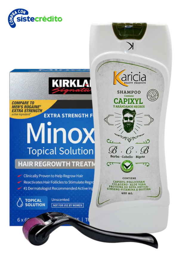 Minoxidil Kirkland 5% caja X6 Frascos + Shampoo Karicia Capixyl 400 ml + Dermaroller 0.5 mm