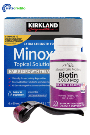 Combo Biotina 5.000 mcg x100 Capsulas Mountain Valley + Minoxidil Kirkland 5% X6 Frascos (360ml) + Dermaroller 0.5mm