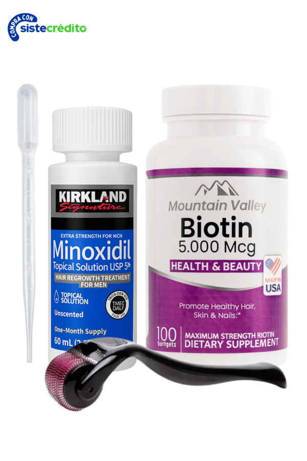 Combo Biotina 5.000 mcg x100 Capsulas Mountain Valley + Minoxidil Kirkland 5% 60ml + Dermaroller de 0.5mm