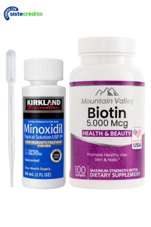 Combo Biotina 5.000 mcg x100 Capsulas Mountain Valley + Minoxidil Kirkland 5% 60ml