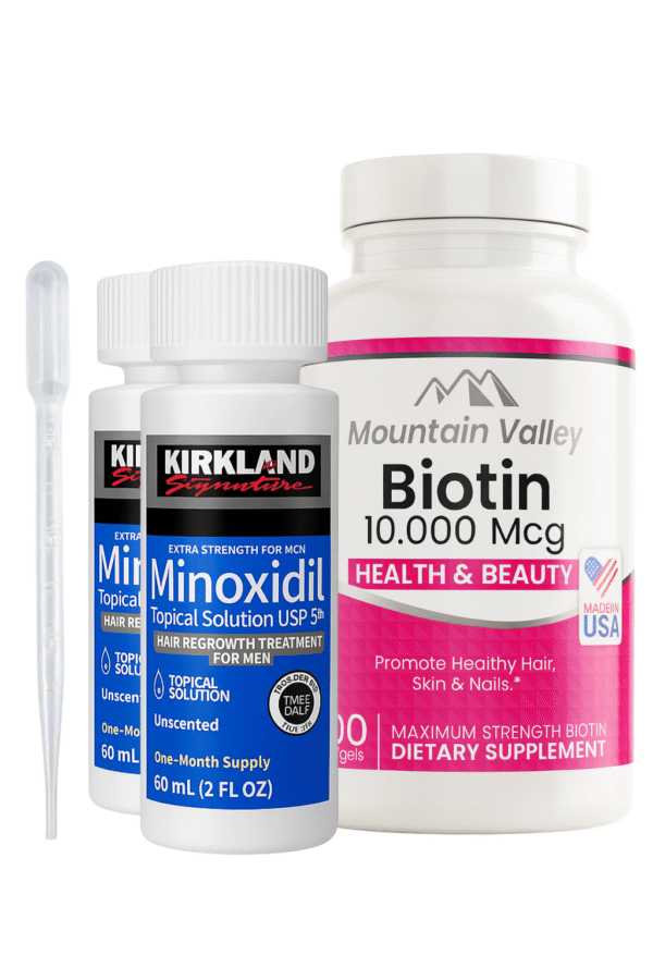 Combo Biotina 10.000 mcg X100 + Minoxidil Kirkland 5% x2 Frascos