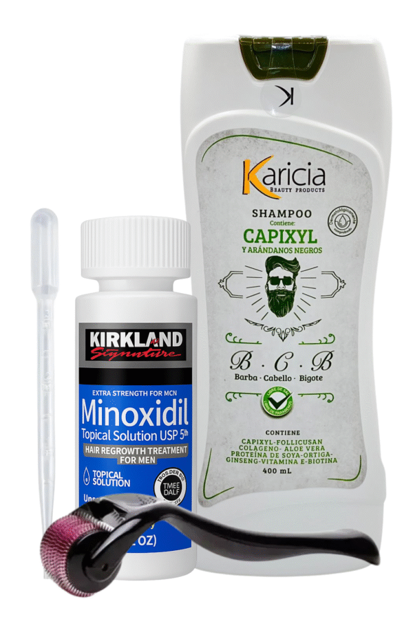 Minoxidil Kirkland 5% 1 Frasco + Dermaroller + Shampoo Karicia Capixyl 400 ml "Envío Gratis"